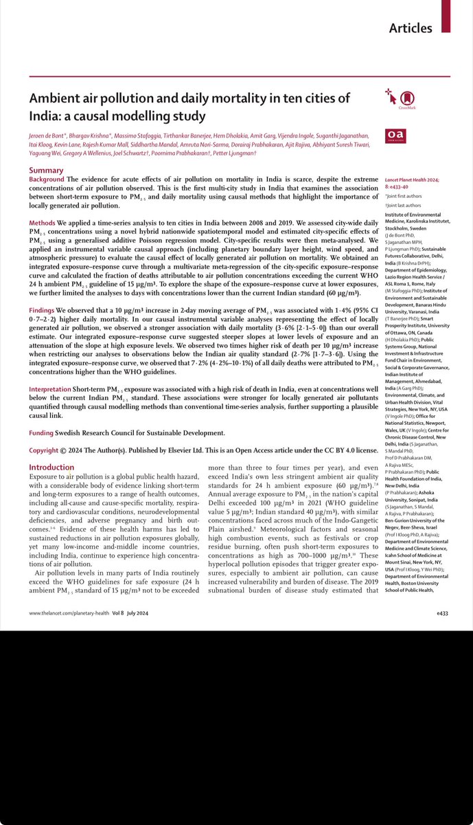 Dr RAJESH MALL (@mallrajes) on Twitter photo The LANCET……
Short-term PM2·5 exposure was associated with a high risk of death in India, even at well
below the current Indian PM2·5 standard. <a href="/IndiaDST/">DSTIndia</a> <a href="/mceccr/">DST-MCECCR, BHU</a> <a href="/bhupro/">BHU Official</a> <a href="/Tirthankar_IESD/">Tirthankar Banerjee</a>
Ambient air pollution and daily mortality in ten cities of India, sciencedirect.com/science/articl… The LANCET……
Short-term PM2·5 exposure was associated with a high risk of death in India, even at well
below the current Indian PM2·5 standard. <a href="/IndiaDST/">DSTIndia</a> <a href="/mceccr/">DST-MCECCR, BHU</a> <a href="/bhupro/">BHU Official</a> <a href="/Tirthankar_IESD/">Tirthankar Banerjee</a>
Ambient air pollution and daily mortality in ten cities of India, sciencedirect.com/science/articl…