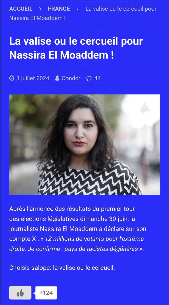 Le 1er juillet 2024, le site d'extrême droite "Réseau Libre", celui qui appelle à éliminer plusieurs avocats, publie ce texte me menaçant de mort avec ces mots :"La valise ou le cercueil pour Nassira El Moaddem".