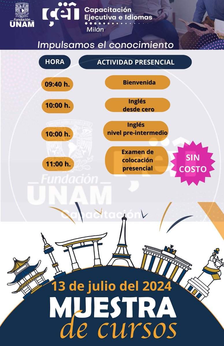 CEI_FUNAMMILAN's tweet photo. ¡Queremos que seas parte de nuestra comunidad CEI FUNAM MILÁN! 😃
Así que, este sábado 13 julio en nuestras instalaciones, podrás tener una clase muestra del idioma inglés.
Realizar un registro
https://t.co/NJYo1iBWZS
#coljuarez #cuauhtemoc #CDMX #UNAM #IDIOMAS #inglés https://t.co/0PFKG3uiRw