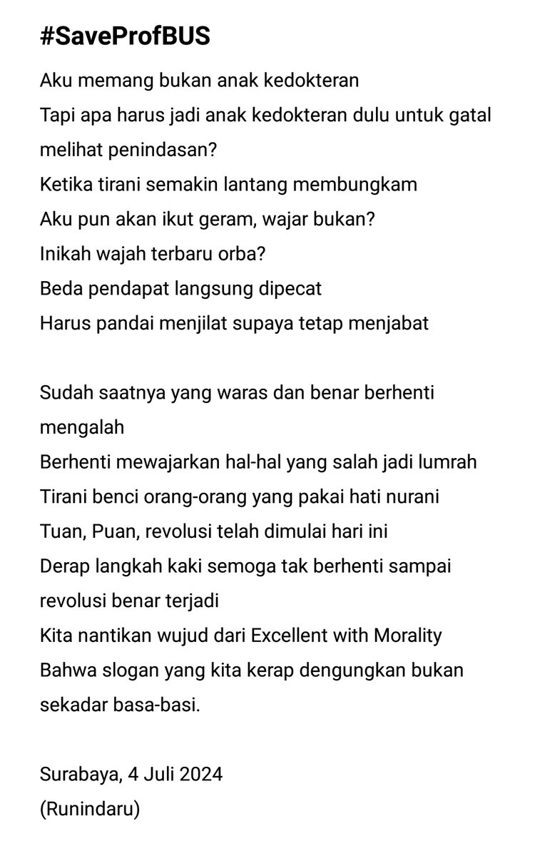 RahmaPil's tweet image. Aku bermimpi ini cuma puisi, semoga tidak terjadi.

Cc @yuniperes ae, arek BEM koyoke sektas tangi. #SaveProfBUS