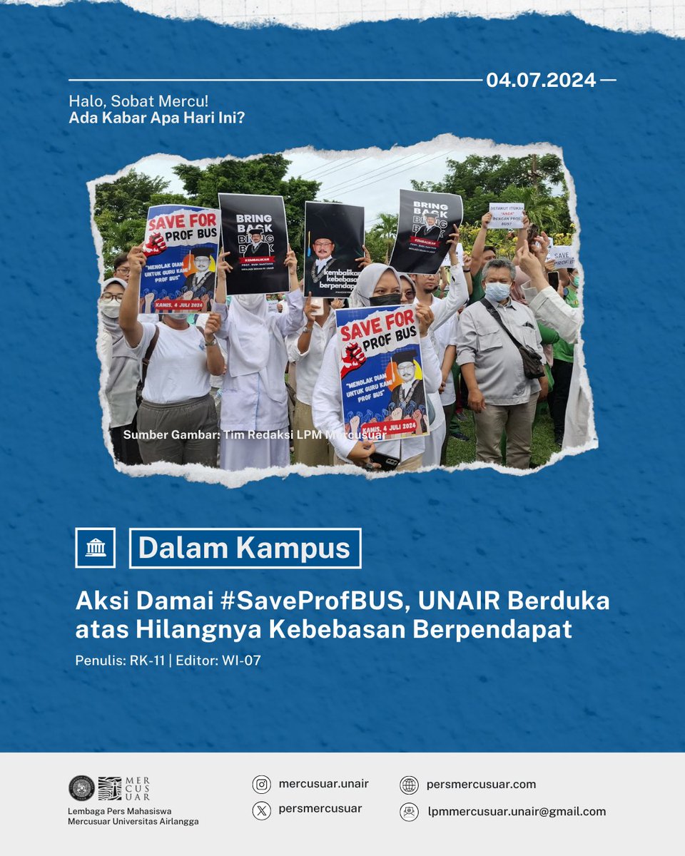 persmercusuar's tweet image. [DALAM KAMPUS]

Aksi Damai #SaveProfBUS, UNAIR Berduka atas Hilangnya Kebebasan Berpendapat

Pada (4/7), Fakultas Kedokteran menggelar Aksi Damai Ksatria Airlangga di depan patung Airlangga Fakultas Kedokteran UNAIR sebagai bentuk pernyataan sikap-
