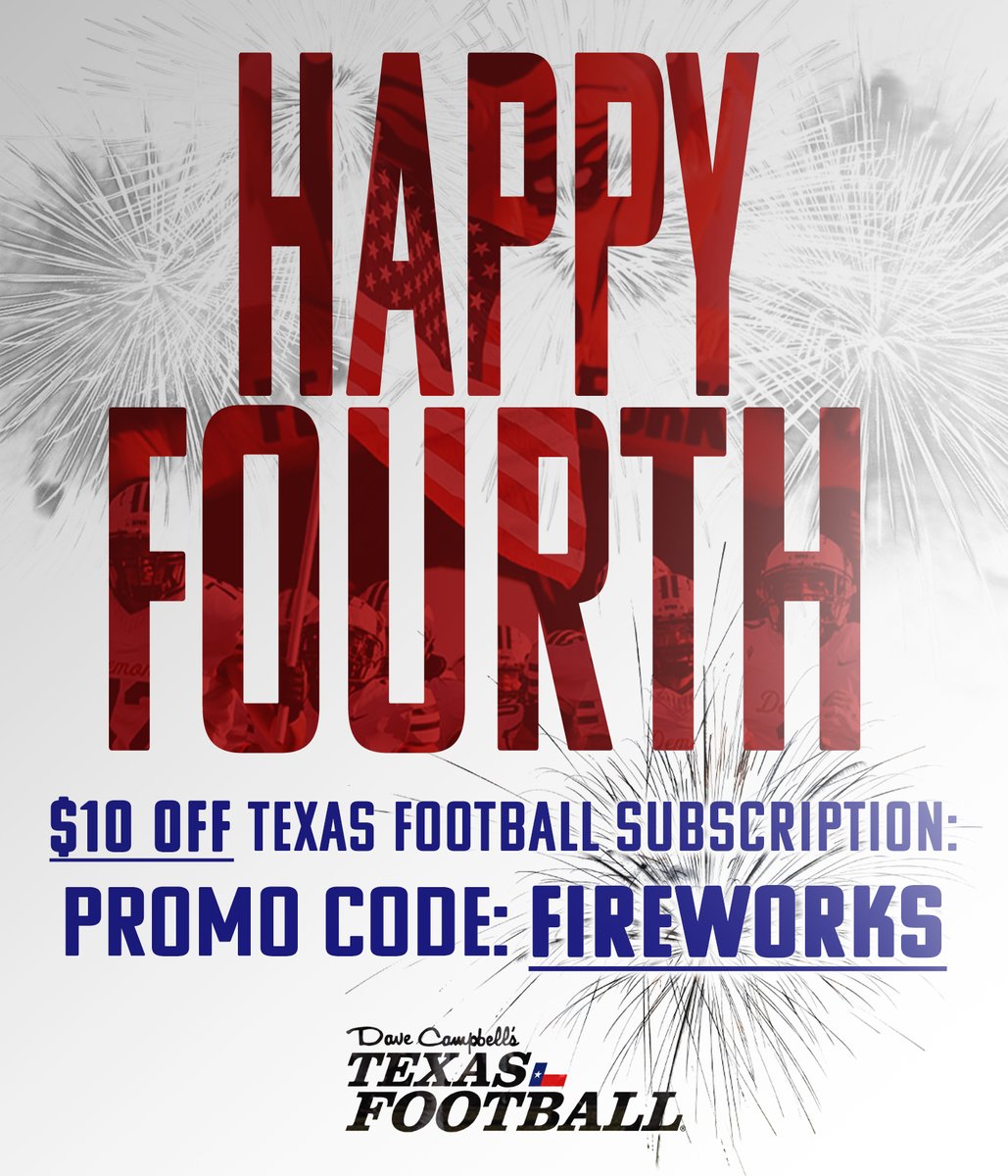 Dave Campbell's Texas Football — TexasFootball.com (@dctf) on Twitter photo Pop out this Independence Day by subscribing for $10 off TODAY ONLY with the promo code "FIREWORKS" 🎆
Get to texasfootball.com/subscribe NOW for access to every magazine, article and <a href="/Texan_Live/">Dave Campbell’s Texan Live - Texanlive.com</a> broadcast one can handle 🫡 Pop out this Independence Day by subscribing for $10 off TODAY ONLY with the promo code "FIREWORKS" 🎆
Get to texasfootball.com/subscribe NOW for access to every magazine, article and <a href="/Texan_Live/">Dave Campbell’s Texan Live - Texanlive.com</a> broadcast one can handle 🫡