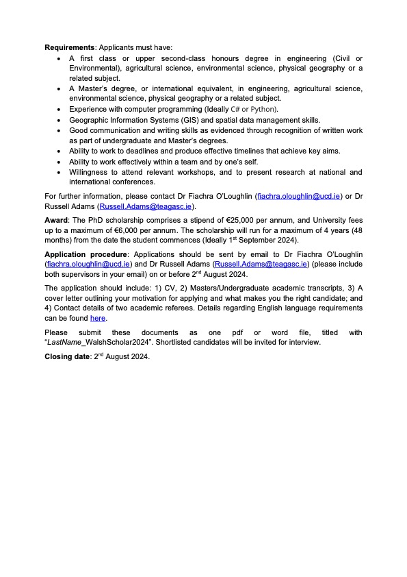 Fiachra O'Loughlin (@fiachraol) on Twitter photo PhD Position available Investigating Nitrate Leaching in Irish Agricultural Lands. 4 year funded position with a tax-free annual stipend of €25,000 per year. Details below. Closing date: 2 August 2024
#PhD <a href="/UCDCivEng/">UCD Civil Engineering</a> <a href="/UCD_CWRR/">UCD Dooge Centre for Water Resources Research</a> #academicjobs #researchjobs #sciencejobs <a href="/teagasc/">Teagasc</a> PhD Position available Investigating Nitrate Leaching in Irish Agricultural Lands. 4 year funded position with a tax-free annual stipend of €25,000 per year. Details below. Closing date: 2 August 2024
#PhD <a href="/UCDCivEng/">UCD Civil Engineering</a> <a href="/UCD_CWRR/">UCD Dooge Centre for Water Resources Research</a> #academicjobs #researchjobs #sciencejobs <a href="/teagasc/">Teagasc</a>