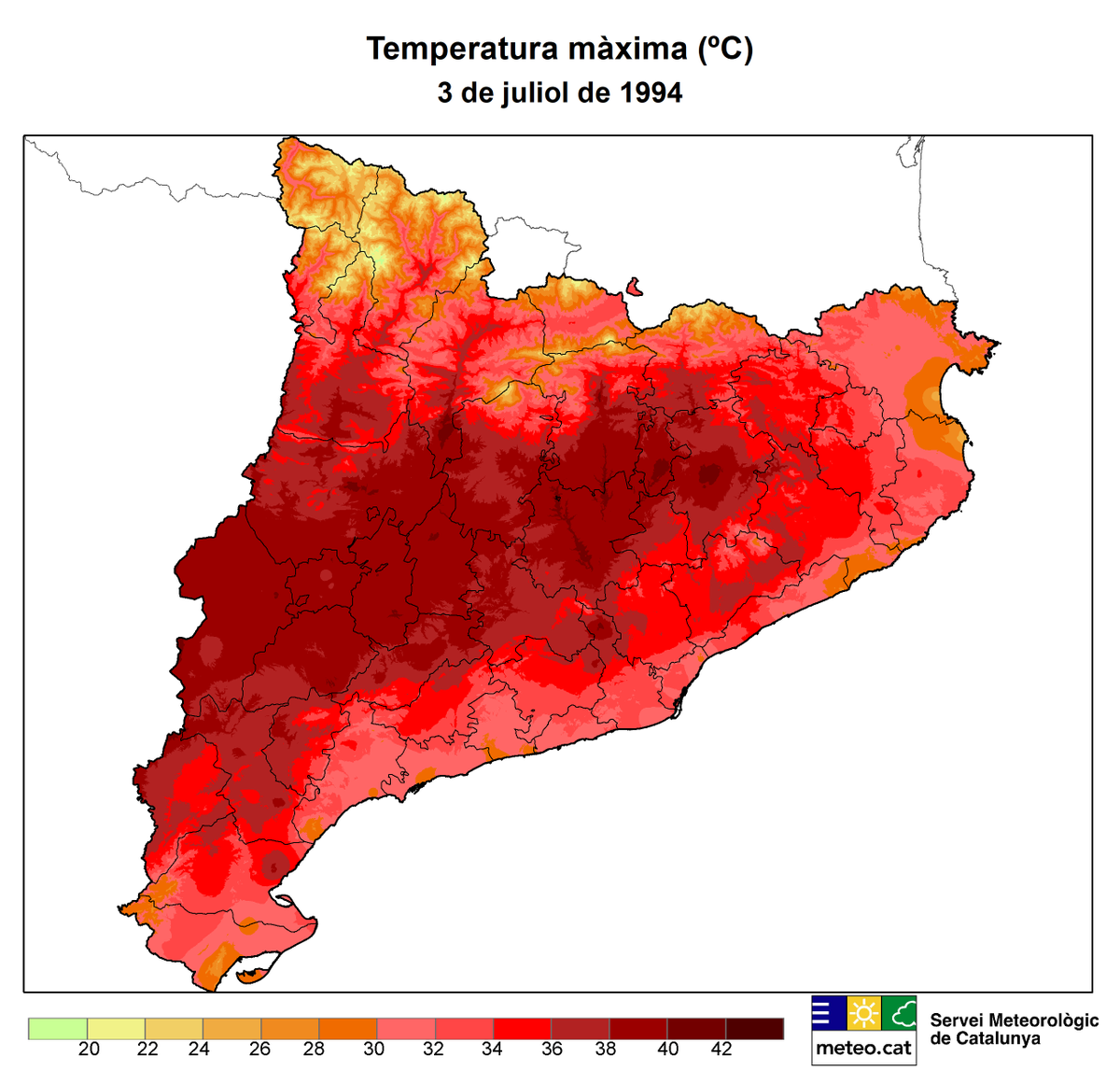 meteocat's tweet photo. 🗓️#Fa30anys, important calorada i grans incendis forestals. La temperatura màx. va superar els 40 ºC en amplis sectors de la Catalunya Central, vall de l'Ebre i prelitoral Central, amb valors de 42 ºC a punts del Baix Llobregat, Bages i la Ribera d'Ebre.
👉https://t.co/uTYRuEGkmV https://t.co/3IhGzCcJkl