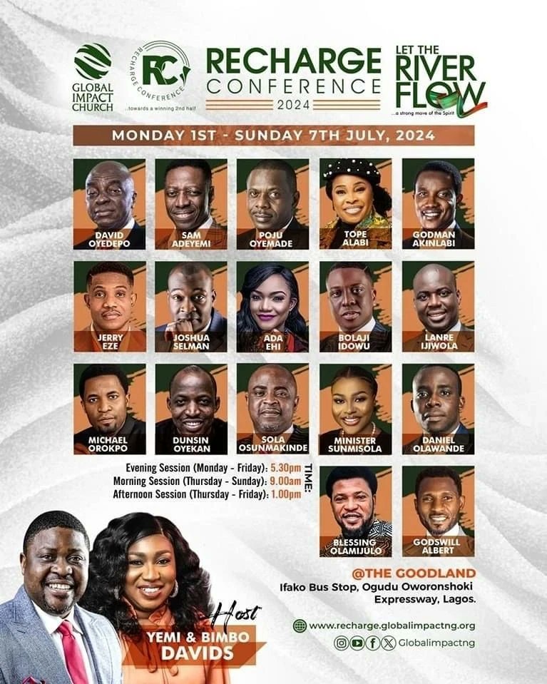 YemiDavids's tweet photo. The river gets deeper tonight as we host Apostle Michael Orokpo @MichaelOrokpo &amp; Min. Dunsin Oyekan @DunsinOyekan

Join in onsite &amp; online by 5:30pm WAT

Don’t miss this lifetime experience

#RechargeConference
#LetTheRiverFlow https://t.co/FCsMAMfNbH