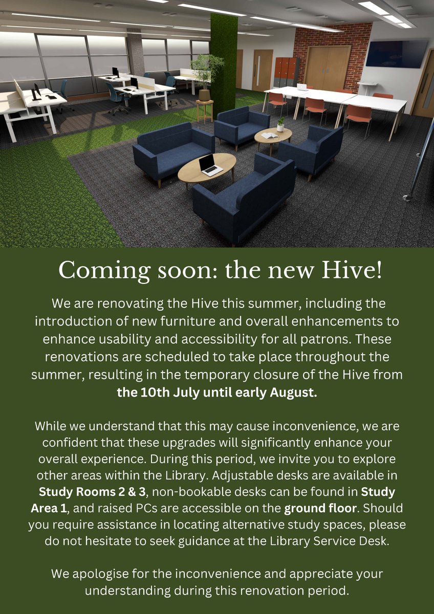 The Hive is being renovated this summer with new furniture and enhancements for better usability and access. It will be closed from July 10 to early August.  Visit the Library Service Desk if you need help finding another study area. Thanks for your understanding!