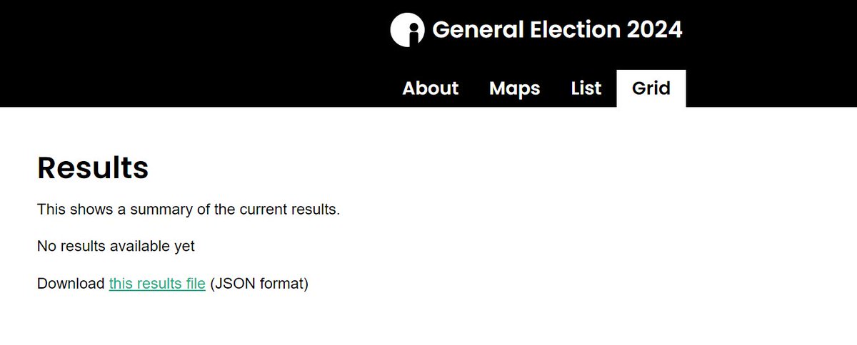 The people at <a href="/OpenInnovates/">Open Innovations</a> have got maps of results, lists of results, and a JSON file of results. Should you be in the market for that kind of thing. ge2024.hexmap.uk