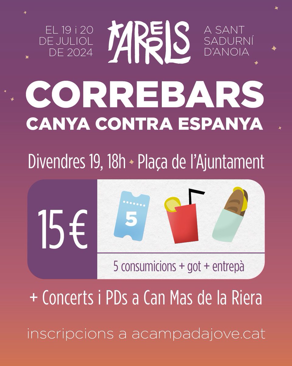 CORREBARS CANYA CONTRA ESPANYA 🍻

🗓️Divendres 19 a les 18 hores tenim una cita a Sant Sadurní d’Anoia per gaudir d’ARRELS🥳 🌱

15€ que inclouen: 
🍺5 Consumicions
🥤1 got 
🥪 Entrepà

I després continuem la festa a Can Mas amb accés gratuït!🤩😉