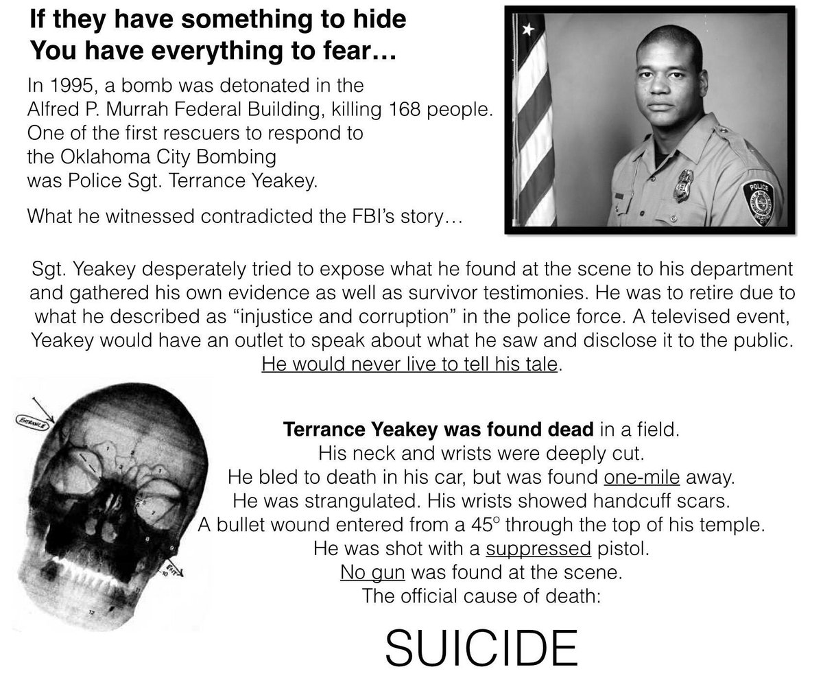 frogNscorpion's tweet photo. Remember when the first person to respond to the OKC bombing had a story that contradicted the FBI? He officially killed himself by "cuffing himself, shooting himself in the temple from an impossible angle, cutting his wrists, strangling himself all before crawling a mile away from his car to the middle of a field with no gun found on either scene?