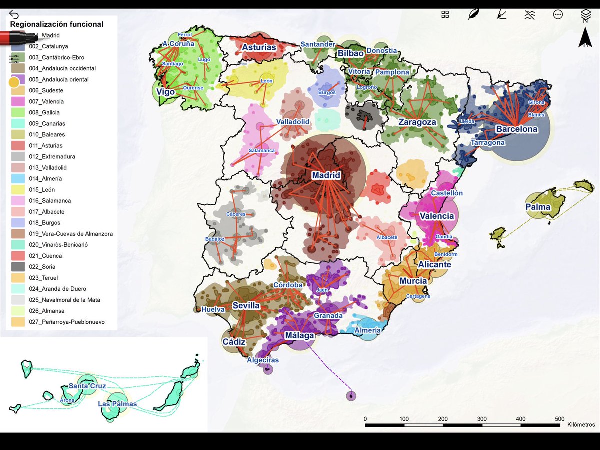 Este es un mapa de la regionalización funcional, donde vemos los movimientos residencia-trabajo que nos indican los diferentes ejes económicos a nivel inter-provincial. Voy a ir preguntando hacia donde queréis que evolucione este mapa en el futuro.