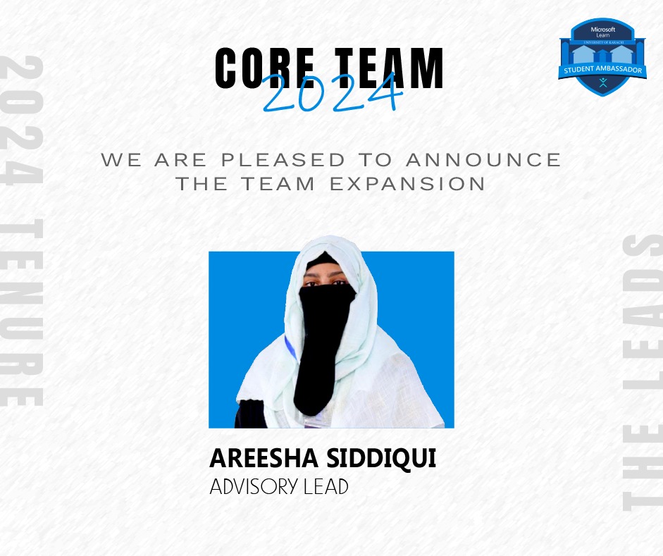 mlsauok's tweet photo. The MLSA-UoK Core Team adds another member to its arsenal, none other than our very own Areesha Siddiqui as the Advisory Lead🥳

We all welcome you again and wish you all the very best for this tenure.

Regards,
Team MLSA-UoK

#mlsa #mlsauok #microsoftlearnstudentambassador https://t.co/42oLxaDkgo