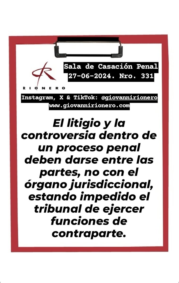 GiovanniRionero's tweet photo. #Litigio Reciente sentencia en la cual se advierte que el litigio y la controversia dentro de un proceso penal deben darse entre las partes, no con el órgano jurisdiccional, estando impedido el tribunal de ejercer funciones de contraparte.
#DerechoPenal
#DerechoPenalEspecial
#DerechoProcesal
#ProcesalPenal
#ProcesoPenal
#Proceso
#Abogado
#Justicia
#Litigio
#Tribunales
#Fiscalía
#Venezuela
#Jurisprudencia
#Acusación
#Delitos
#Autos
#Sentencia
#Abogados
#Defensor
#FaseDeInvestigación
#AudienciaPreliminar 
#Imputado
#Víctima
#Tribunal
#Policías
#ÓrganosPoliciales
#Pruebas
#Recursos