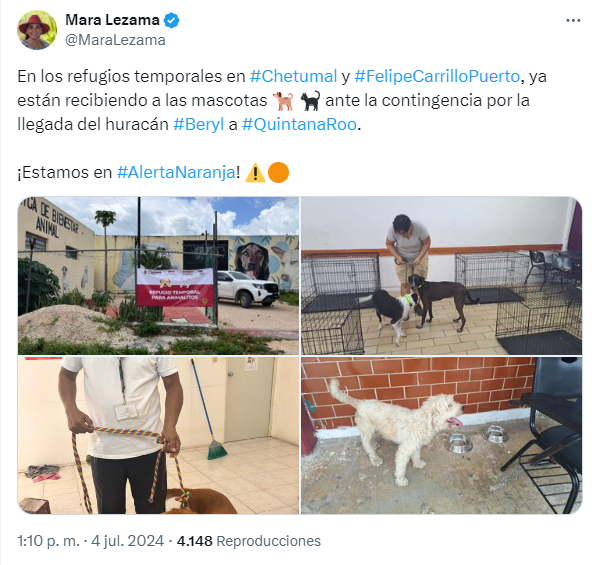 xevtfm's tweet photo. @TrenMayaMX #ÚltimoMinuto🔴 Los refugios temporales para animalitos en Chetumal y Felipe Carrillo Puerto en Quintana Roo, ya están recibiendo a las mascotas🐶 ante la llegada de #Beryl🌀, informa la gobernadora @MaraLezama https://t.co/QXUeGYwQtl