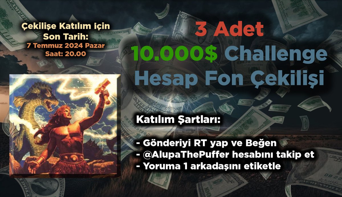 AlupaThePuffer's tweet photo. 🚨ÇEKİLİŞ🚨

Sizlere söz verdiğim gibi ilk çekilişimi gerçekleştiriyorum. Burayı çok sevdim, yavaş yavaş daha farklı ve güzel etkinlikler yapacağız fakat ilki bu oldu. Daha yeni olduğumuz için etkileşimin az olacağını dolayısı ile kazanma şansınızın yüksek olduğu düşünüyorum.

🪒 Şartları yerine getir.
✅ 3 adet 10.000$'lık challenge hesaplardan birini kazanma şansı yakala.

1⃣ Gönderiyi RT yap ve Beğen
2⃣ @AlupaThePuffer hesabını takip et
3⃣ Yoruma 1 arkadaşını etiketle

⏳Çekiliş, 7 Temmuz 2024 Pazar Günü saat 22.00'da açıklanacaktır.