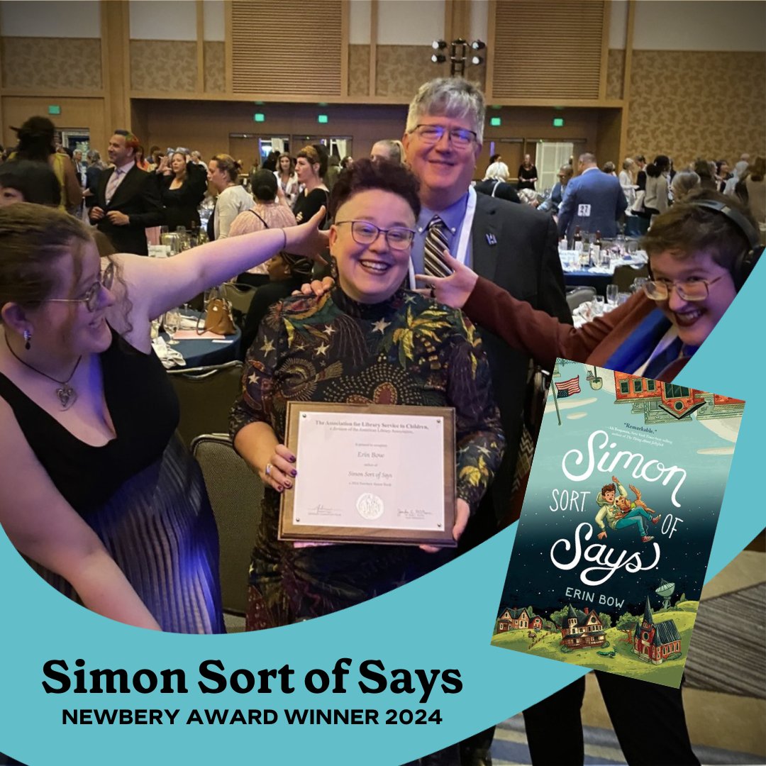 TellingTalesOrg's tweet photo. 🎉✨ Congratulations to Erin Bow @erinbowbooks for winning the 2024 Newbery Award for her remarkable book "Simon Sort of Says"! 🏆📚 🌟📖 🎉🎈 #NewberyAward #TellingTalesFestival #SimonSortOfSays https://t.co/4Ea5oPvYD6