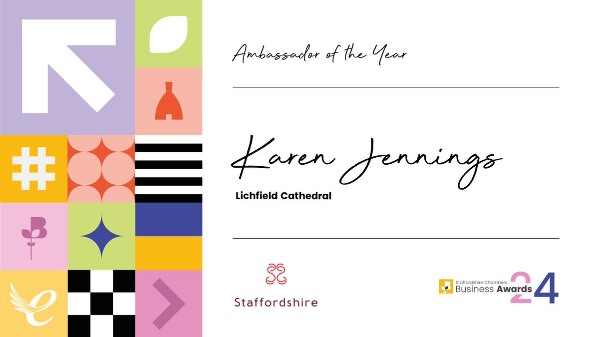 Congratulations to Karen Jennings of Lichfield Cathedral, winner of the <a href="/WeareStaffs/">We Are Staffordshire</a>  ‘Staffordshire Ambassador of the Year’ Award at the 2024 #StaffsBizAwards 🏆