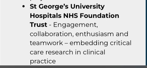 St George's Critical Care Research Group (@ccrg_sgh) on Twitter photo So proud of the amazing Critical Care Team <a href="/Adult_ICU_SGH/">St George’s Adult Intensive Care Units</a> for being shortlisted for the <a href="/NursingTimes/">Nursing Times</a> Clinical Research Award #NTAwards
Embedding critical care research in clinical practice and fostering opportunities for patients.
@StGeorgesTrust
<a href="/St_GeorgesCRF/">NIHR St George’s Clinical Research Facility</a>
#NIHRresearch So proud of the amazing Critical Care Team <a href="/Adult_ICU_SGH/">St George’s Adult Intensive Care Units</a> for being shortlisted for the <a href="/NursingTimes/">Nursing Times</a> Clinical Research Award #NTAwards
Embedding critical care research in clinical practice and fostering opportunities for patients.
@StGeorgesTrust
<a href="/St_GeorgesCRF/">NIHR St George’s Clinical Research Facility</a>
#NIHRresearch