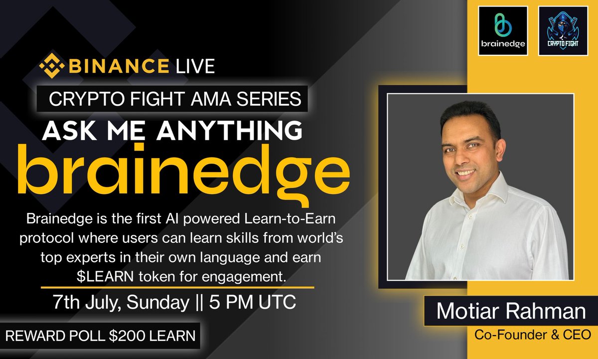 Crypto Fight (@cryptofight_gl) on Twitter photo 🔊 #BinanceLiveAMA with "Brainedge" Hosted by “Crypto Fight”
⏰Time : 7th July, 2024,
: At 5 PM UTC
🎖️Reward: $200 LEARN🎖️
🏠Venue: binance.com/en/live/video?…
📌Rules:
1️⃣Follow : <a href="/LEARN_Brainedge/">Brainedge ($LEARN)</a>
2️⃣Follow : <a href="/CryptoFight_gl/">Crypto Fight</a>
3️⃣Like, RT, Tag 3 Friends 🔊 #BinanceLiveAMA with "Brainedge" Hosted by “Crypto Fight”
⏰Time : 7th July, 2024,
: At 5 PM UTC
🎖️Reward: $200 LEARN🎖️
🏠Venue: binance.com/en/live/video?…
📌Rules:
1️⃣Follow : <a href="/LEARN_Brainedge/">Brainedge ($LEARN)</a>
2️⃣Follow : <a href="/CryptoFight_gl/">Crypto Fight</a>
3️⃣Like, RT, Tag 3 Friends