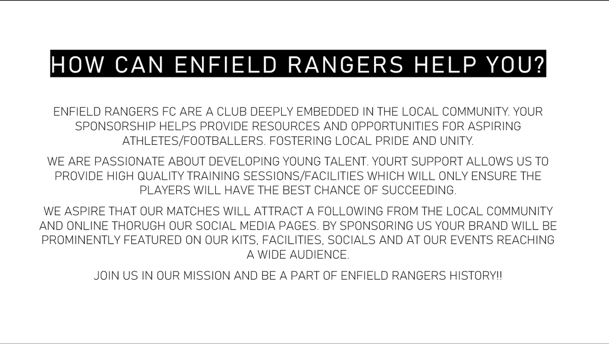 EnfieldRangers1's tweet photo. Enfield Rangers Mens Team is looking for Sponsorship. We have a few different packages available depending on your companies budget/desires.
Please contact Robbie on 07990483813 if you are interested.
#COYER https://t.co/ygea3ne6R5