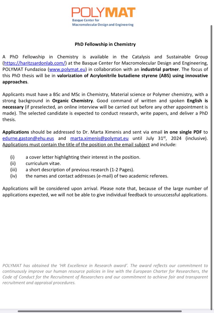 On our intention to enhance the circularity of plastics we are looking for a PhD candidate to increase the recycling rates of ABS in colaboration with a strong industrial partner. We look for candidates with strong background in organic chemistry and polymers!!!
