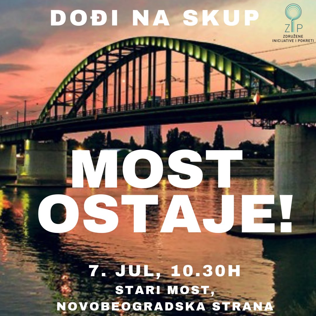 DOĐI NA SKUP: MOST OSTAJE!
Nedelja 7. jul u 10.30h
novobeogradska strana (kod stepenica)
Stari savski most je simbol našeg grada!
Ograđen je i spremaju ga za rušenje.
Da li ćemo dozvoliti?
DOĐI NA SKUP: MOST OSTAJE!
7. jula u 10.30
mostaje.com
zdruzeno.org