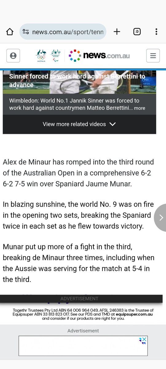 Chris__metz's tweet photo. @newscomauHQ your editors are just getting lazy. A story about Wimbledon yet Alex is into the third round of the Australian Open https://t.co/BtRfDyTK0M