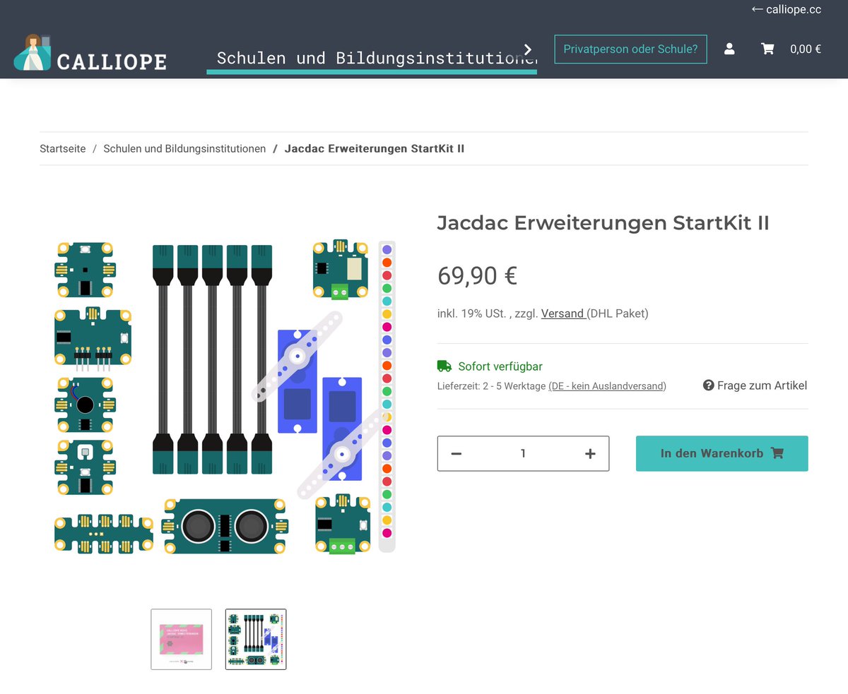 Hallo <a href="/CalliopeMini/">Calliope</a> Enthusiasten, endlich verfügbar👍😃. Das #Jacdac Erweiterungen StarKit II von <a href="/KittenBot1/">KittenBot</a> ist im #Calliope Webshop erhältlich. Natürlich habe ich gleich ein Set bestellt. Kann es kaum erwarten es auszupacken und auszuprobieren. 🤖👌

webshop.calliope.cc/Jacdac-Erweite…