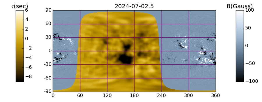 JAtanackov's tweet photo. *Massive* sunspot group on the far side of the Sun! Helioseismic imagery indicates a very large group (and several smaller) just past the central meridian on the far aide of the Sun. It is about 5 days from rotating into view. #solarcycle24 #solarmax https://t.co/LEEMqPlPuS