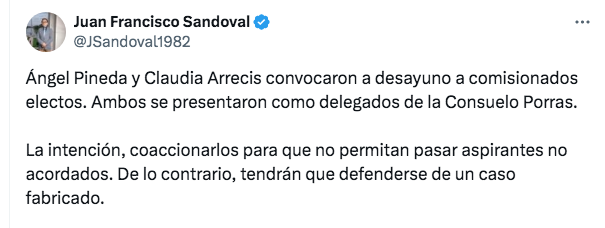 Ricigt1's tweet photo. 🚨🔍 Exjefe de la #FECI, @JSandoval1982, revela que Ángel Pineda y Claudia Arrecis se presentaron como delegados de #ConsueloPorras en un desayuno con comisionados electos. Según denuncia, intentaron coaccionar para influir en la selección de aspirantes judiciales bajo amenaza de fabricar casos en su contra. #LaMiraEnLasCortes 👁️👁️