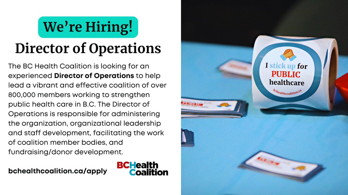 Come work with us! If you love working in a campaign environment, have a talent for building relationships with people and organizations, and a passion for helping a team take action for a better health care future, this position could be for you. bchealthcoalition.ca/apply
