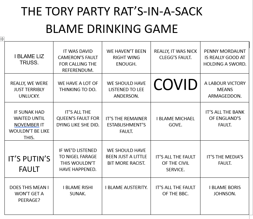 tomc001's tweet photo. Got my Tory wipeout bingo card ready to go! 1 shot for each excuse you hear from a failed Tory. #Elections2024 #ToryWipeout2024 https://t.co/4fByuURYOF