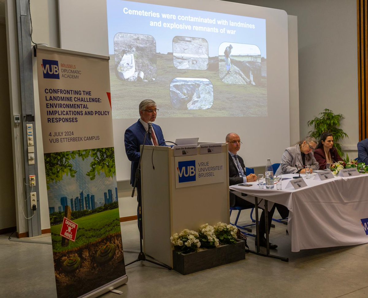 AZMissionEU's tweet photo. Today the Brussels Diplomatic Academy, hosted a conference on "Preventing Mine Problems: Environmental Impact and Policy Responses."
The event brought together representatives from affected countries, donor organizations, and experts to discuss the human and environmental impacts of #landmines. 
#MineProblems 
@ANAMA_gov_az @VUBrussel @UNDPAzerbaijan