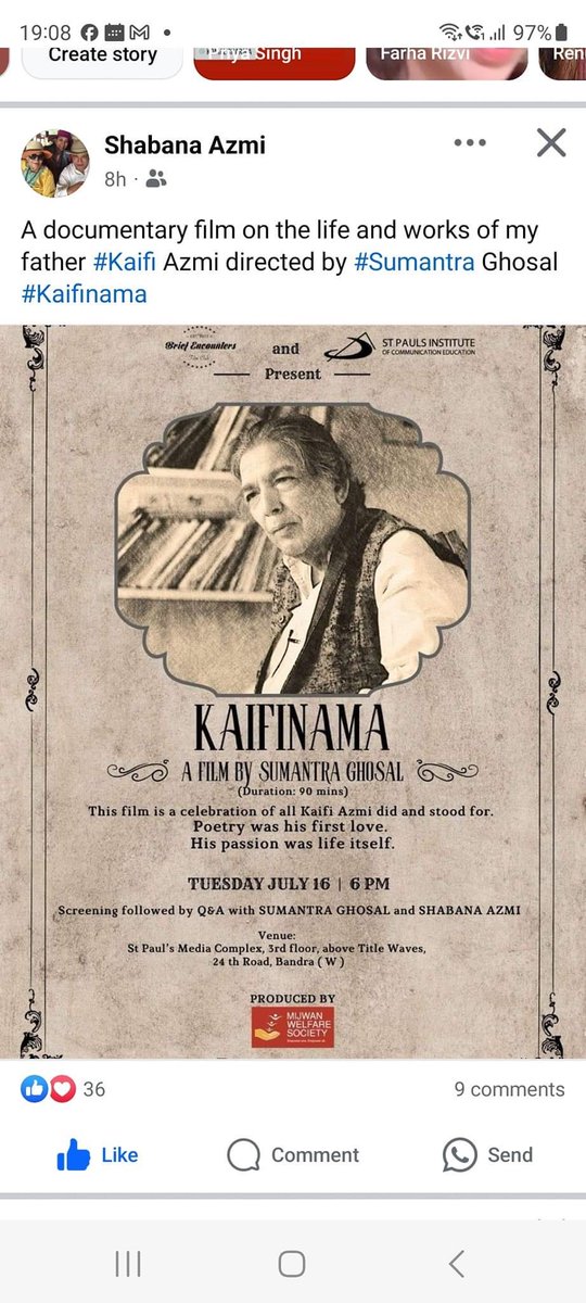 AzmiShabana's tweet image. Do not miss . Kaifinama is  a beautiful documentary film directed by #Sumantra Ghosal . Open to one and all .