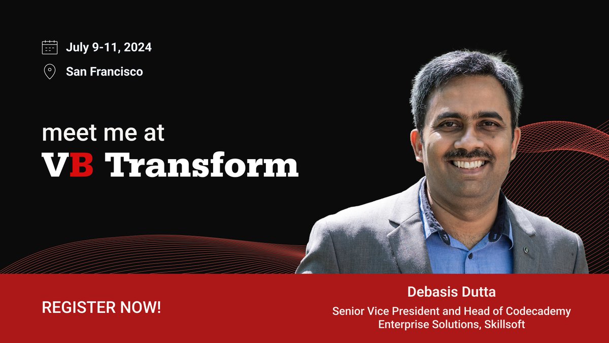 VentureBeat's tweet photo. Join us at #VBTransform with @ddutta from @Skillsoft will share strategies for empowering leaders to drive AI adoption. Learn to cultivate a forward-thinking mindset, overcome barriers, and drive transformative change. Apply for your complimentary ticket: https://t.co/zqwW4XNy7a https://t.co/A4WQO1zkKc