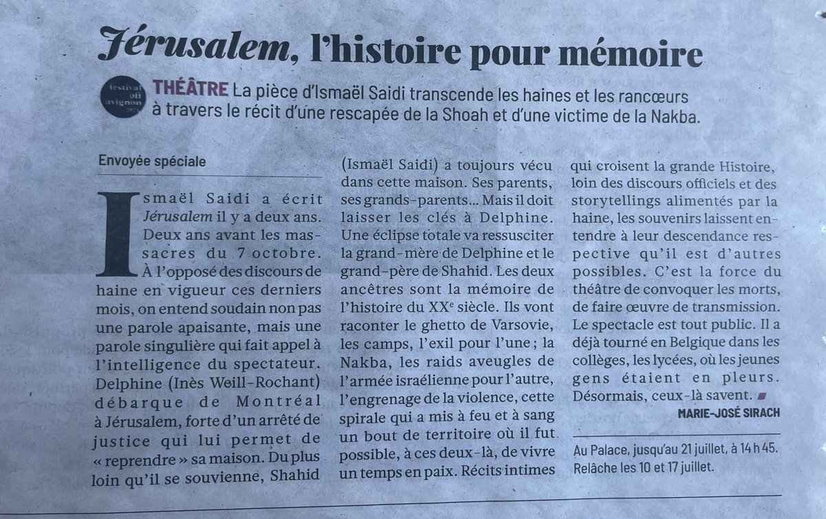 Merci <a href="/humanite_fr/">L'Humanité</a> Jérusalem au Festival d’Avignon Off tous les jours à 14h45.