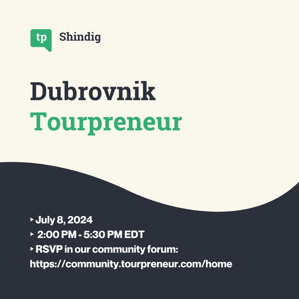 Dubrovnik Tourpreneur Shindig- Community Meetup
(hosted by Chris Torres &amp; Luksa Malohodzic)

Free &amp; open to any Travel &amp; Tourism professionals!

RSVP in our community forum: community.tourpreneur.com/home

#touroperator #toursandactivities #tourismindustry #tourismevents