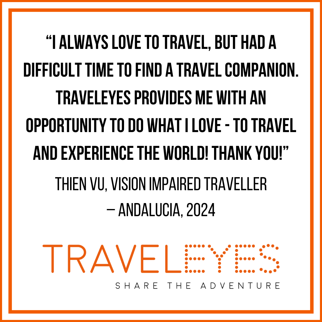 TraveleyesLtd's tweet photo. We love this testimonial from VI traveller, Thien, who joined our 1st trip to #Andalucia "I always love to travel, but had a difficult time to find travel companion. Traveleyes provides me with an opportunity to do what I love - to travel and experience the world!" #SoloTraveller https://t.co/3HB8UJqLsn
