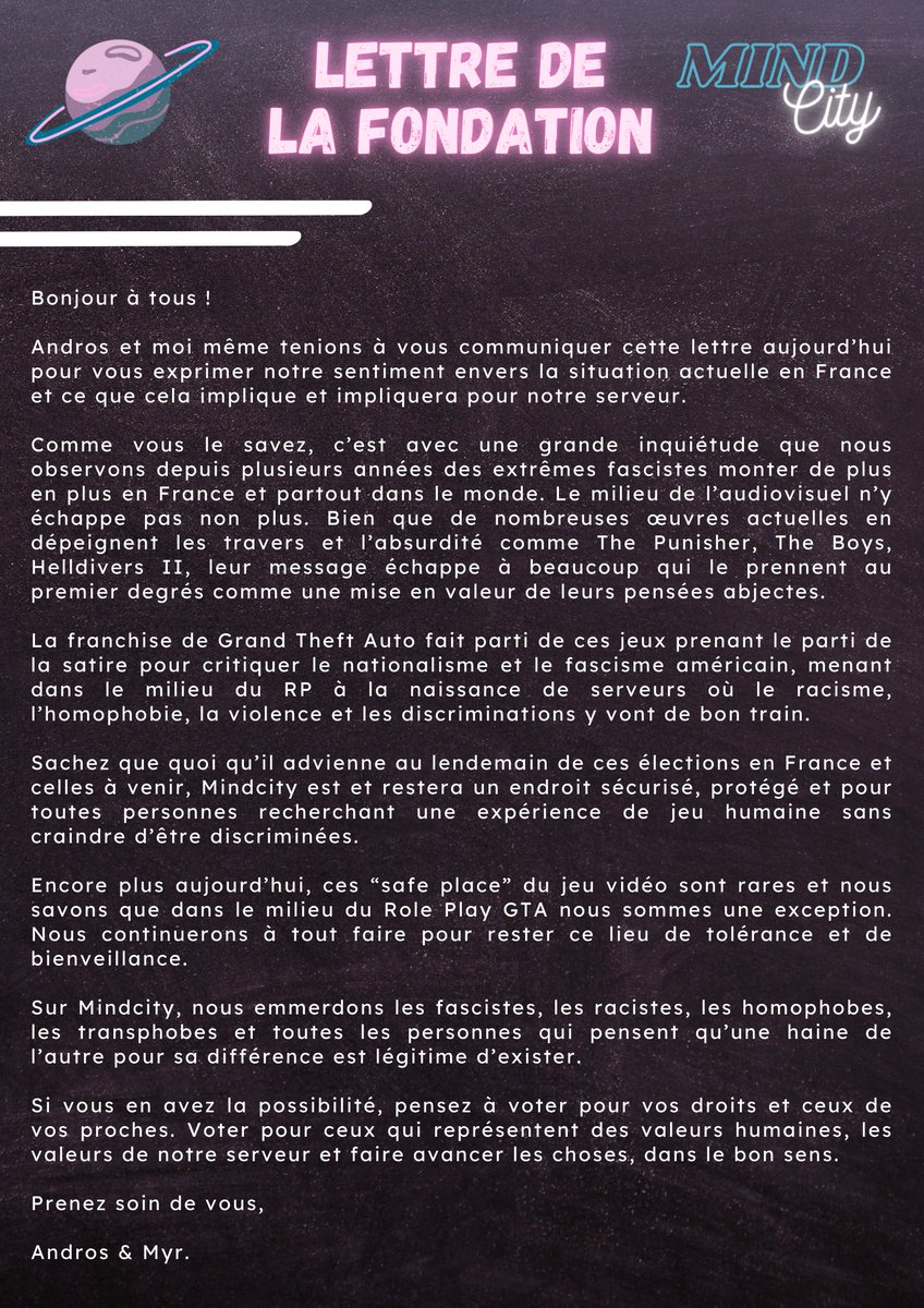 MindCity_RP's tweet image. Important ! Nous prenons la parole aujourd'hui sur la politique actuelle en France et pourquoi nos engagements envers notre communauté ne changeront jamais ✊️⬇️