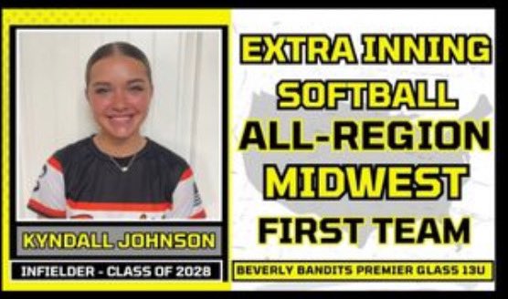 Kyndall Johnson 2028 (@kyndallj28) on Twitter photo Honored to be named first team in the Midwest region of 2028 infielders. Thank you @extrainningssb for the recognition. <a href="/BethTorina/">Beth Torina</a> <a href="/USASoftball/">USA Softball</a> <a href="/CoastRecruits/">Coast 2 Coast Recruits</a> <a href="/UKCoachLawson/">Rachel Lawson</a> <a href="/LalondeSoftball/">Adam LaLonde</a> <a href="/D1Softball/">D1Softball</a> <a href="/TopPreps/">SPORTS NEWS, VIDEOS, GRAPHICS, EXPOSURE & MORE</a> <a href="/LegacyLegendsS1/">Legacy & Legends Softball</a> <a href="/BrittCerv14/">Brittany Cervantes</a> @CoachZack_MSUSB <a href="/ImpactRetweets/">Impact Promotions</a> Honored to be named first team in the Midwest region of 2028 infielders. Thank you @extrainningssb for the recognition. <a href="/BethTorina/">Beth Torina</a> <a href="/USASoftball/">USA Softball</a> <a href="/CoastRecruits/">Coast 2 Coast Recruits</a> <a href="/UKCoachLawson/">Rachel Lawson</a> <a href="/LalondeSoftball/">Adam LaLonde</a> <a href="/D1Softball/">D1Softball</a> <a href="/TopPreps/">SPORTS NEWS, VIDEOS, GRAPHICS, EXPOSURE & MORE</a> <a href="/LegacyLegendsS1/">Legacy & Legends Softball</a> <a href="/BrittCerv14/">Brittany Cervantes</a> @CoachZack_MSUSB <a href="/ImpactRetweets/">Impact Promotions</a>