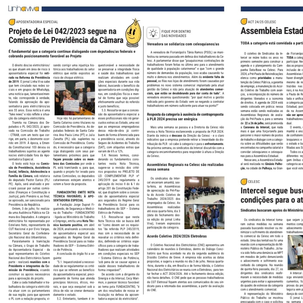 Intercelsc's tweet photo. 📢 Confira na edição 1612 do jornal Linha Viva
💸 Está sobrando dinheiro na Celesc? Trabalhadores estranham autorização para criação de nova Diretoria na empresa
🧓Projeto da Aposentadoria Especial para Eletricitários que atuam em área de risco em debate na Câmara dos Deputados https://t.co/eDl1rPPJTg