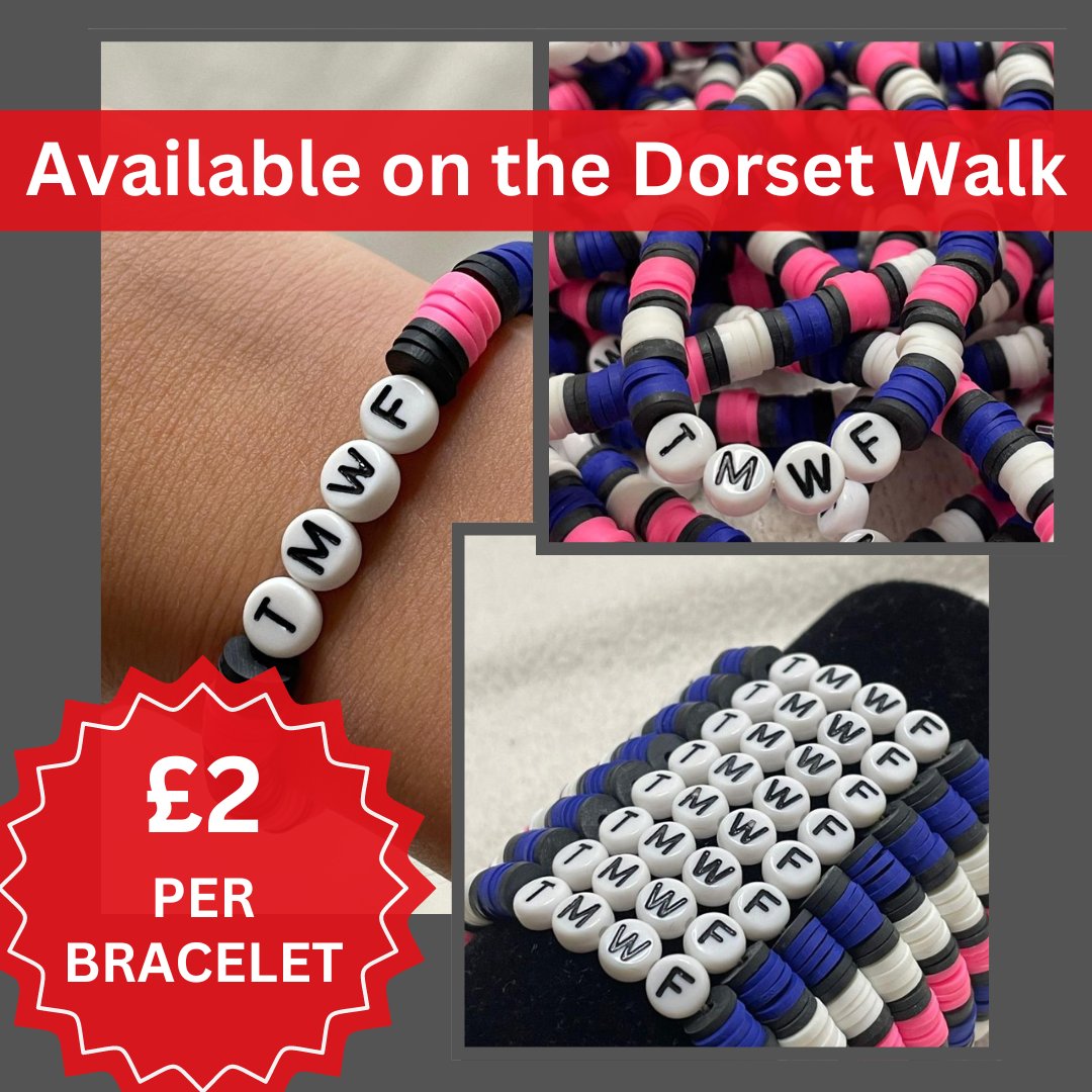 MalcolmWhales's tweet photo. With special thanks to Sophie Read, we have 400 bracelets available for purchase on the Dorset Walk! £2 per bracelet available in Dorset!

#teamTMWF #DorsetWalk2024 https://t.co/ImJuqHawvP
