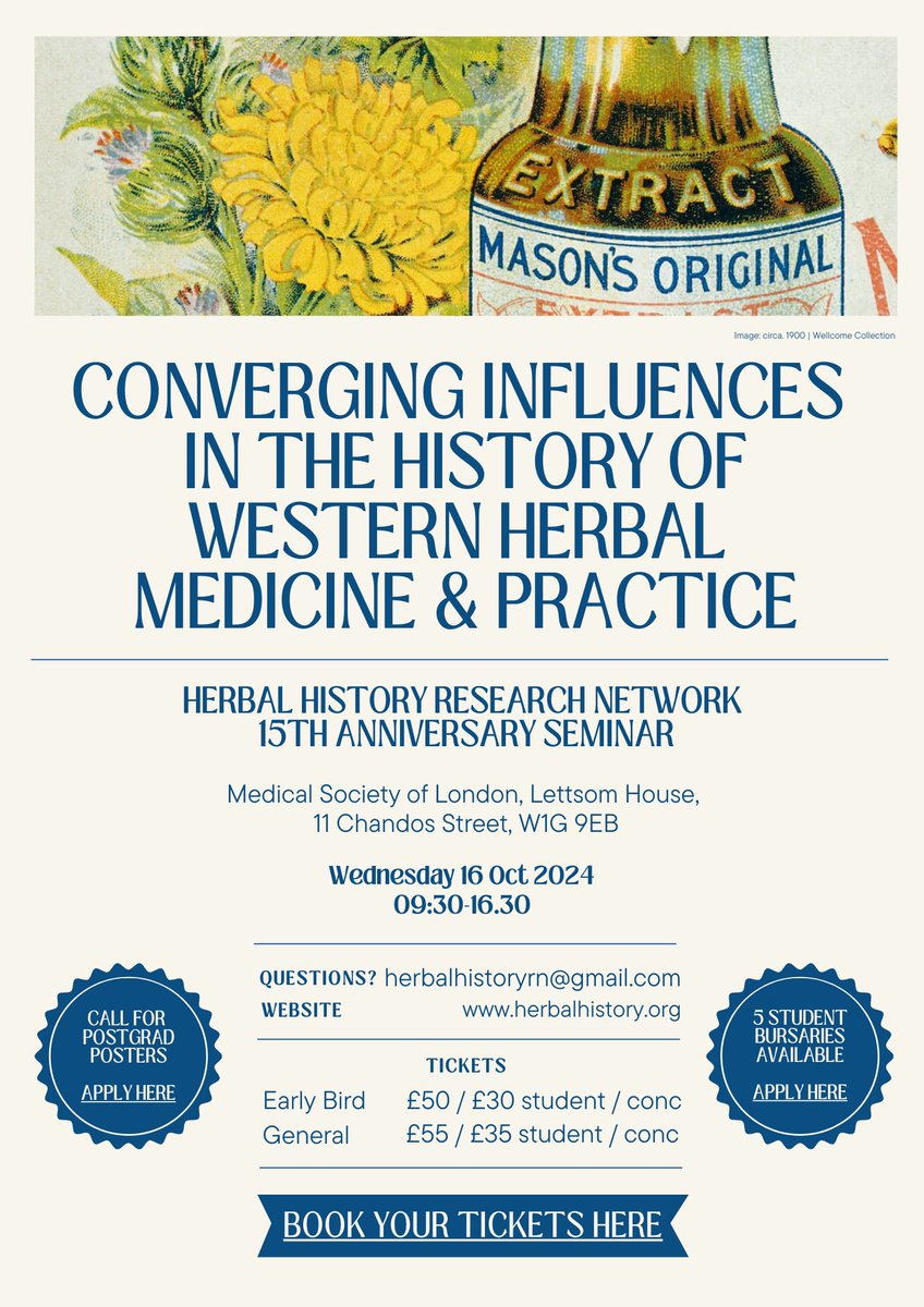 Join us on 16th Oct for our stellar #histmed line up 🤩 

Mark Nesbitt @KewScience
Elisabeth Hsu <a href="/UniofOxford/">University of Oxford</a> 
Erin Connelly <a href="/uniofwarwick/">University of Warwick</a>
Simon Mills (herbalist/author) 
Debora Moretti  &amp; Peter Jones <a href="/healers18341948/">Alternative Healers 1834-1948</a> 
John Hunnex <a href="/NHM_London/">Natural History Museum</a> 

Programme &amp; booking below ⬇️ RT!