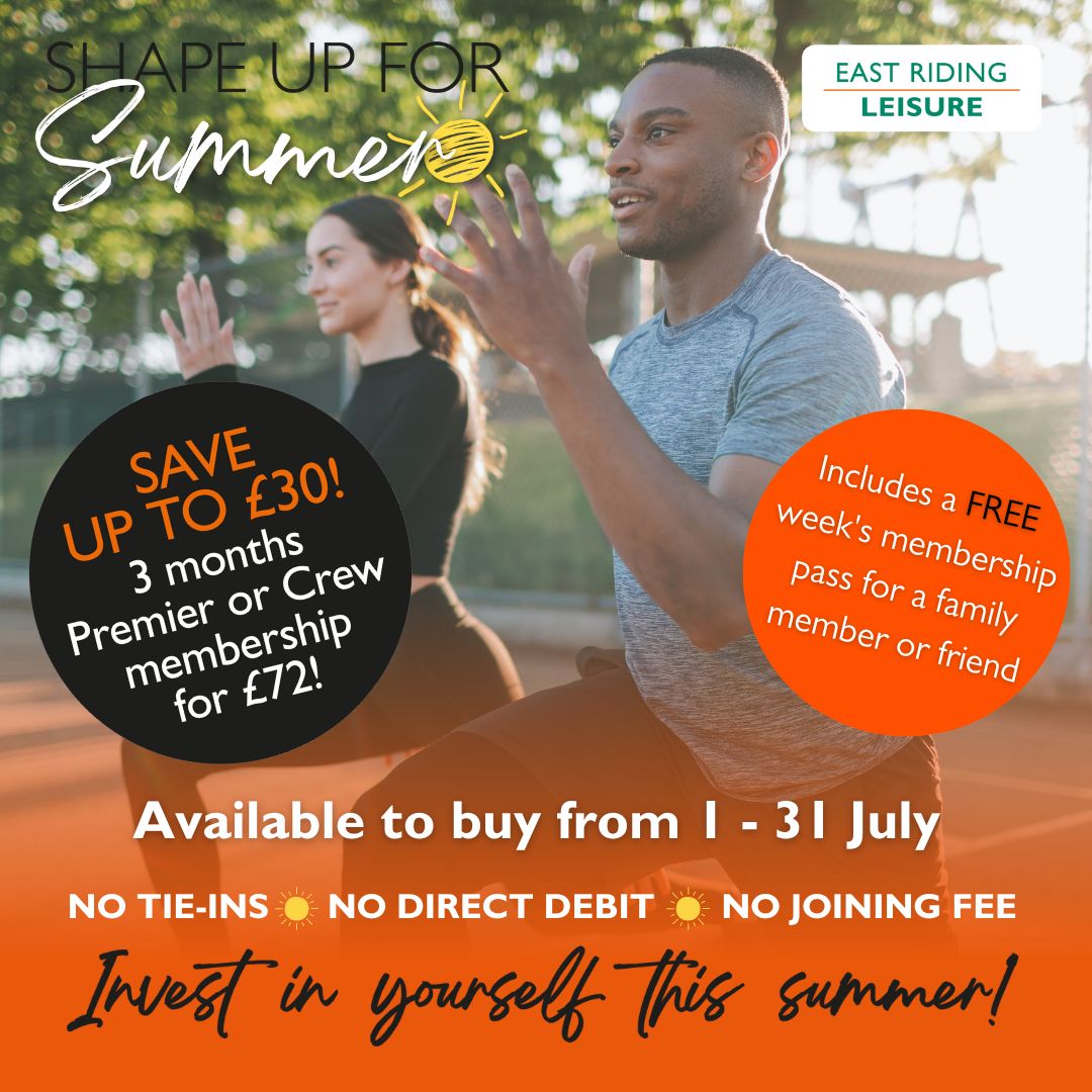 ERLeisure's tweet image. Invest in yourself this Summer!🤸🏻 
Enjoy three months Premier or Crew membership for just £72 PLUS get a free week’s membership to share with a family member or friend!😎
Available until 31 July online or at any East Riding Leisure centre
orlo.uk/Shape_Up_For_S…
#shapeupforsummer