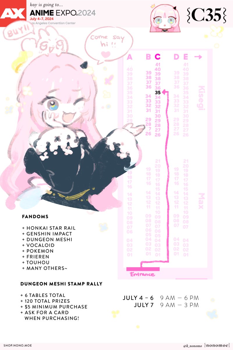 Late as HECK but HI IM AT AX and here's a catalogue if anyone still wants it for the weekend!!!  (1/2) Map and new items  #AX2024 #AX2024ArtistAlley