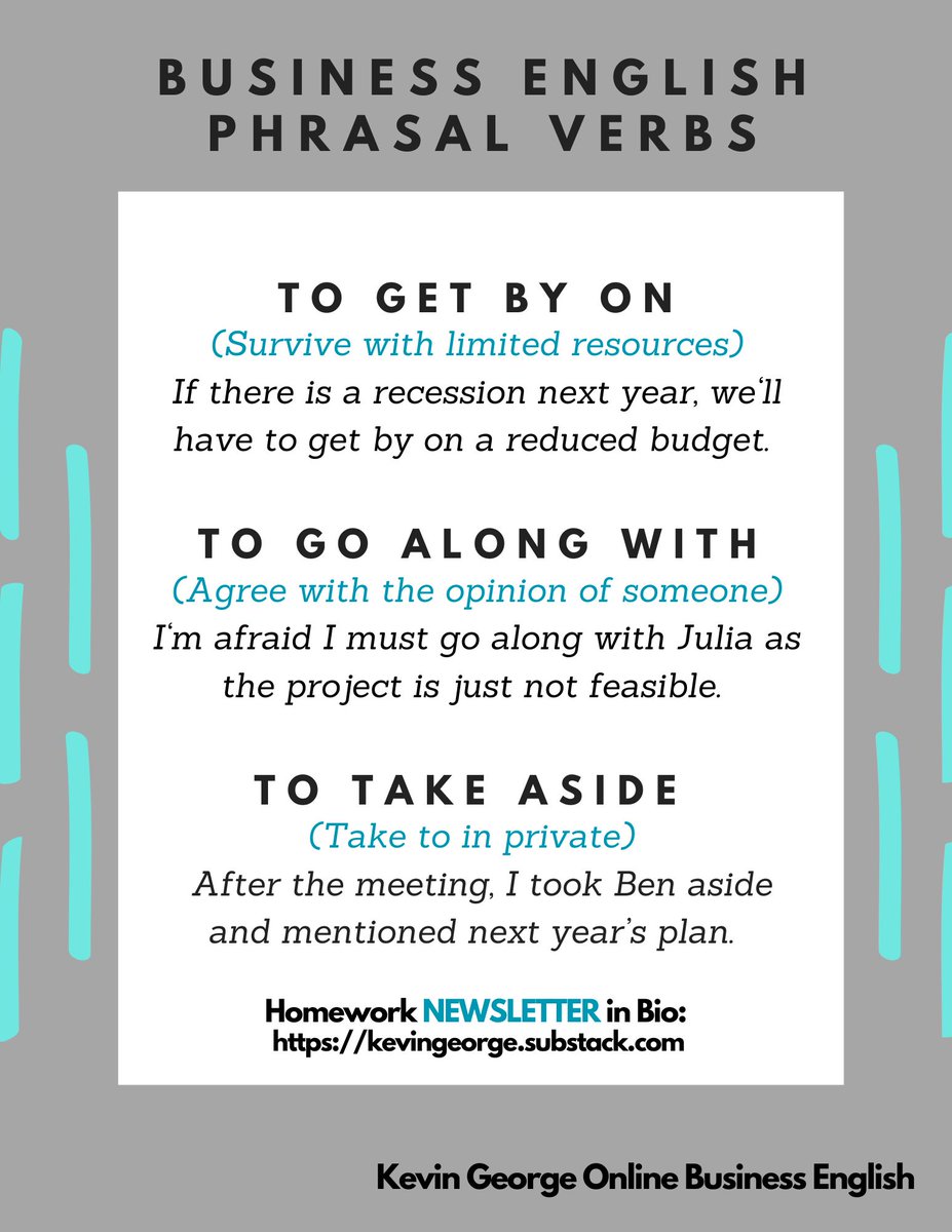KevinGeorgeEng's tweet photo. Post 28 - Advanced C1 English phrasal verbs with examples from business contexts!
More examples in the thread 🖊️
Check in bio or below⬇️in comments for FREE Homework Newsletter📧
#ESL #teachers #phrasalverbs #vocabulary #LanguageLearning https://t.co/YiQSTAK2a2