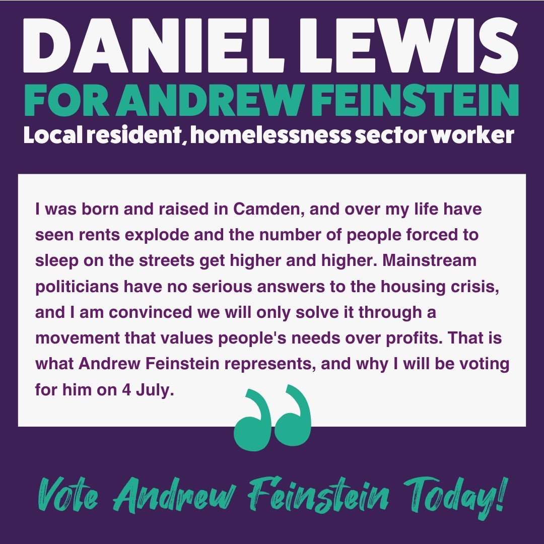 Daniel’s belief in a movement that puts people’s needs before profit is absolutely what I want too and I’m determined to be part of building exactly that. Thank you Daniel for supporting me.

#ToriesOutStarmerOut #VoteFeinstein #GeneralElection2024 #IndependentsDay #Camden