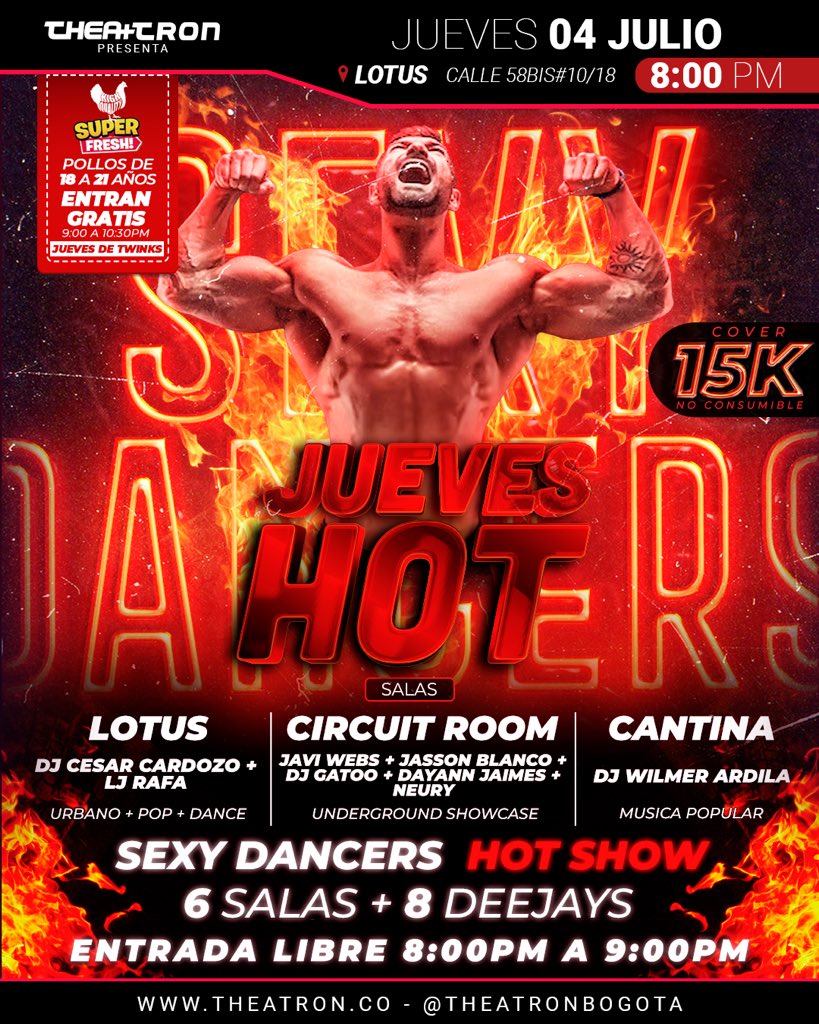 theatronbogota's tweet photo. HOY JUEVES HOT ❤️🔥❤️🔥❤️🔥
6 SALAS 🎪+ 8 DJS🎧 + #SEXYDANCERS 💪+ #CIRCUITROOM + HOT SHOW 🔥 + #RINGDEDIVAS 🥊
🎫Entrada libre de 8pm a 9pm. 🆓
Después de las 9pm. 15k.
#Theatron Siempre te da más!!
#Jueves #Thursday #JuevesHot
#SexyDancers #HotShow #Bogota #fiesta #Rumba #Music https://t.co/Vcf8K5hL8k