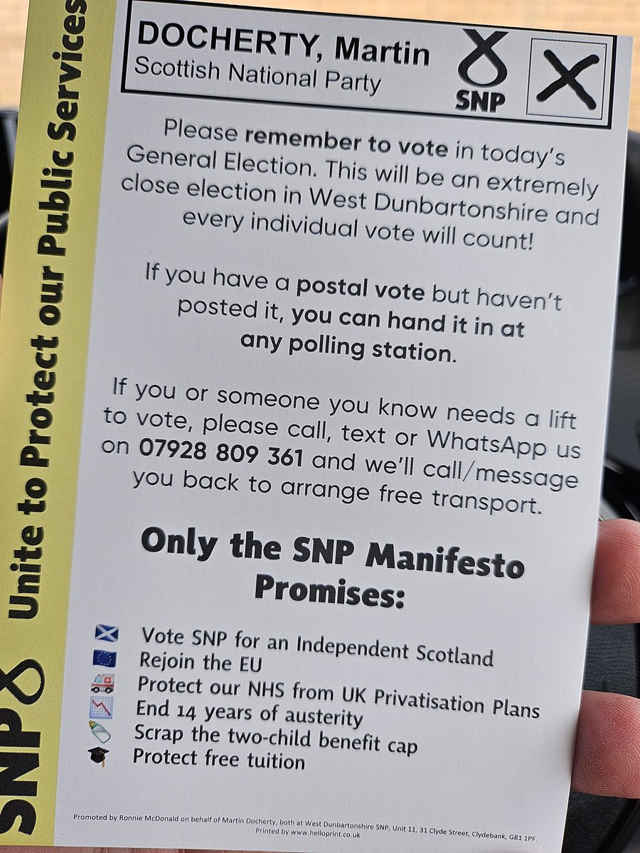 ValeofLevenSNP's tweet photo. . @theSNP Get Out The Vote well underway across the Vale of Leven Branch area. Brilliant response on the doors. Every vote for @MartinJDocherty will count in this close run election. Get out between the showers and #VoteSNP &amp; remember to take photo ID. https://t.co/0lbNHkEo5Z