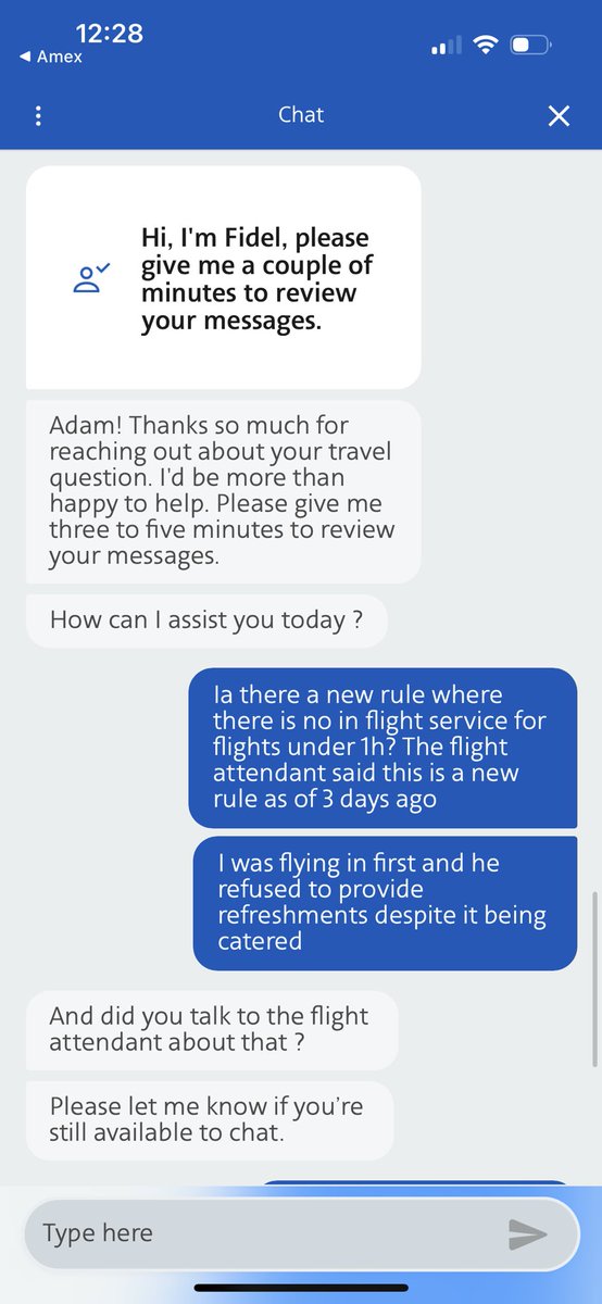 LLWO4life's tweet photo. @AmericanAir flew F on AA 619 yesterday. Flight was catered but attendant said he couldn’t serve us anything bc of a new rule for flights under 1 hour. Asked the agent in app to clarify and this is the response? @garyleff @OneMileataTime @JTGenter https://t.co/28KnEh6jA1