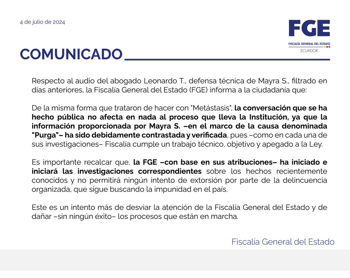 FiscaliaEcuador's tweet photo. #COMUNICADO | Respecto al intento de empañar los procesos que lleva esta Institución, y que ha dado paso al #CasoImplacable, #FiscalíaEc informa a la opinión pública.

Detalles ⬇️ https://t.co/NmyQdYvHW4